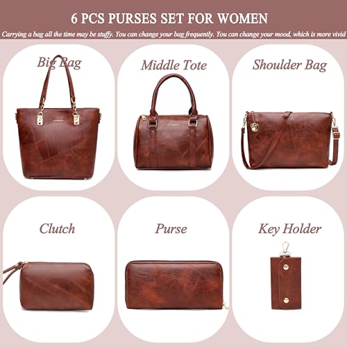 2E-youth Women Designer Purses And Handbags Set Satchel Shoulder Bags Tote Bags 6pcs Wallets (brown) - Image 2