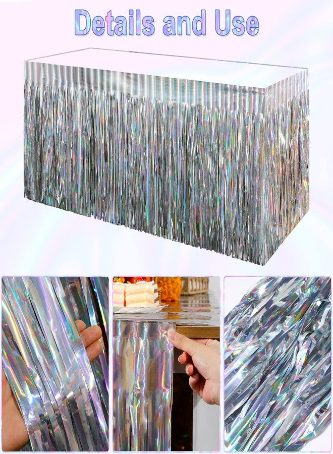 FunnyPars 8 Pack Iridescent Table Skirt, Metallic Foil Fringe Tinsel Table Skirts for Rectangle Tables, Disposable Laser Rainbow Table Skirt Iridescent Party Decorations for Birthday Wedding Holiday, 29x108Inch - Image 4