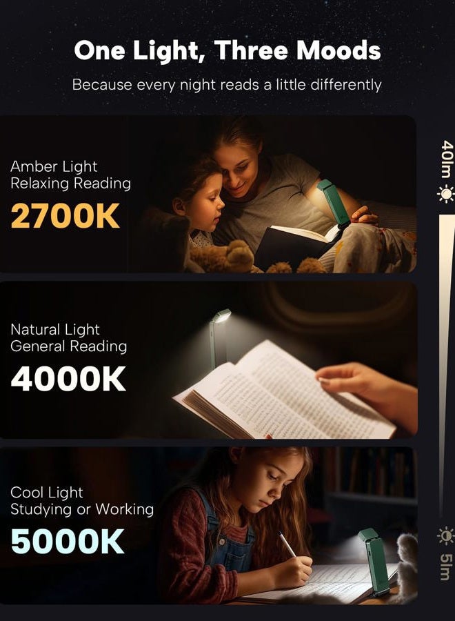 86lux Reading Light, Rechargable Book Light for Reading in Bed, Ultralight Clip-on LED Bookmark Lamp with 3 Amber Colors & Stepless Dimming for Night Reading for Book Lovers, Kids, Green… - Image 3