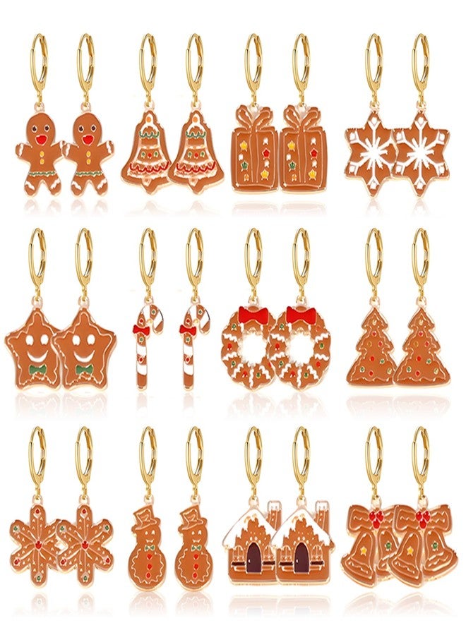 RLHRNDE 12 Pairs Gingerbread Man Earrings for Women Exquisite Brown Enamel Christmas Trees Bow Snowflake Bells Elk Candy Hoop Earrings Xmas Holiday Earring Festival Jewelry Gifts (Christmas) - Image 1