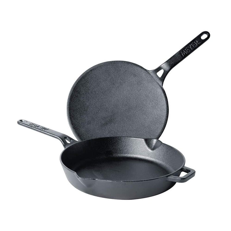 MEYER Meyer Pre-Seasoned Cast Iron 2 Piece Cookware Set - 26cm Roti Tawa + 20cm Fry pan | Iron Utensils for Cooking | Cookware Set Combo Offer | Cast Iron Cookware for Kitchen, Black  - Image 1