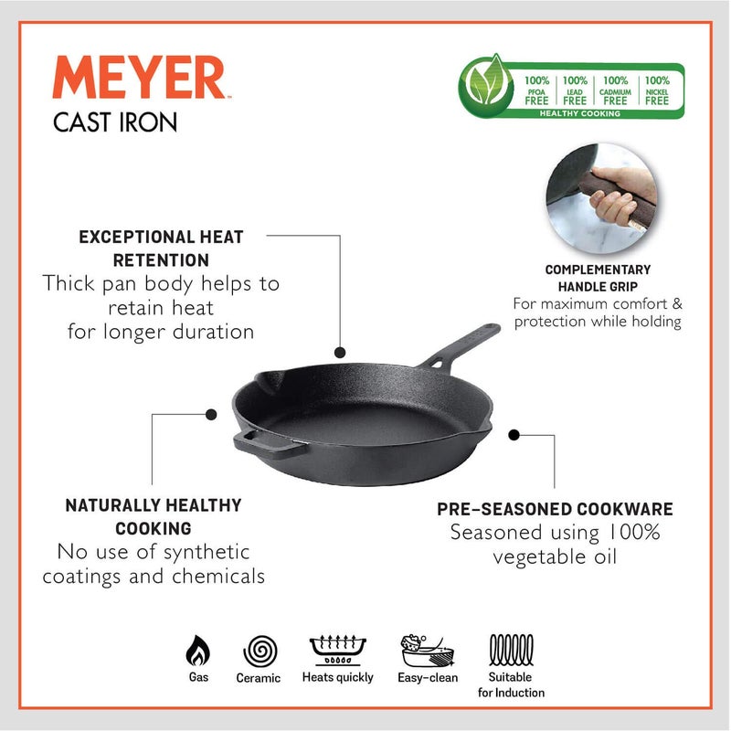 MEYER Meyer Pre-Seasoned Cast Iron 2 Piece Cookware Set - 26cm Roti Tawa + 20cm Fry pan | Iron Utensils for Cooking | Cookware Set Combo Offer | Cast Iron Cookware for Kitchen, Black  - Image 2