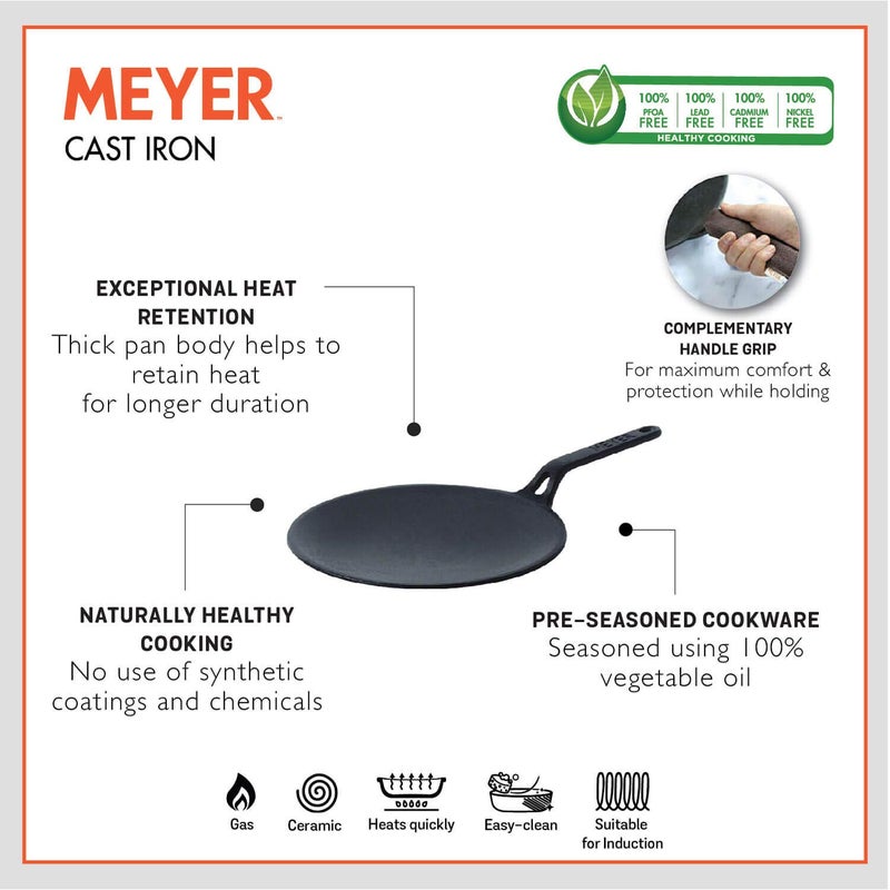 MEYER Meyer Pre-Seasoned Cast Iron 2 Piece Cookware Set - 26cm Roti Tawa + 20cm Fry pan | Iron Utensils for Cooking | Cookware Set Combo Offer | Cast Iron Cookware for Kitchen, Black  - Image 3
