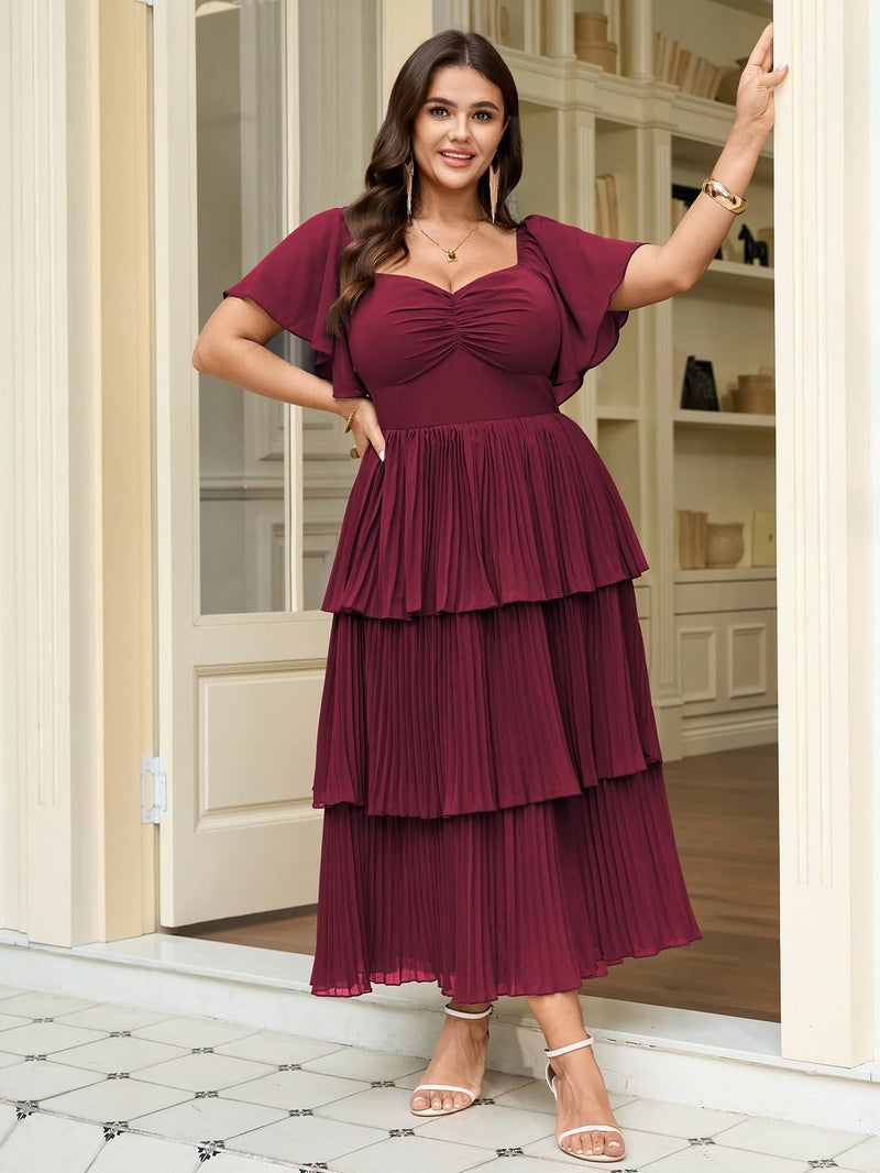 SCOMCHIC Women's Plus Size Formal Wedding Guest Evening Party Dress Short Sleeve Pleated Tiered Chiffon Bridesmaid Dresses Burgundy - Image 4