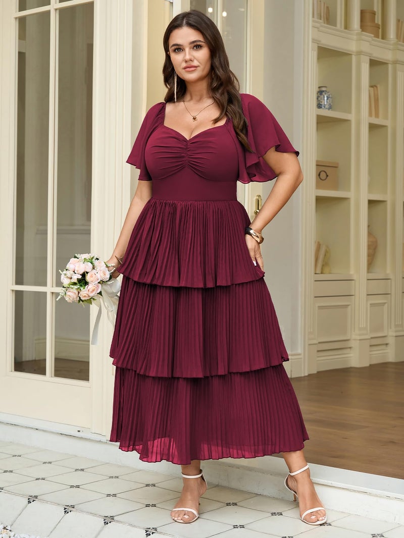 SCOMCHIC Women's Plus Size Formal Wedding Guest Evening Party Dress Short Sleeve Pleated Tiered Chiffon Bridesmaid Dresses Burgundy - Image 3