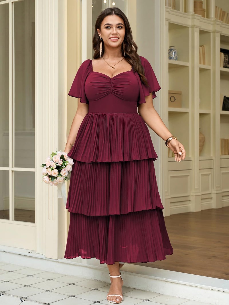 SCOMCHIC Women's Plus Size Formal Wedding Guest Evening Party Dress Short Sleeve Pleated Tiered Chiffon Bridesmaid Dresses Burgundy - Image 2