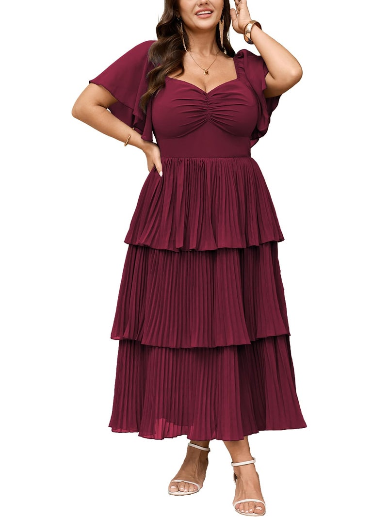 SCOMCHIC Women's Plus Size Formal Wedding Guest Evening Party Dress Short Sleeve Pleated Tiered Chiffon Bridesmaid Dresses Burgundy - Image 1