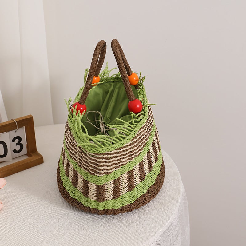 Cute Colorful Wooden Beads Handheld Straw Woven Bag New Twill Loaded Straw Bag Woven Bag Hand Carrying Vegetable Basket Bag Women'S Bag - Image 3