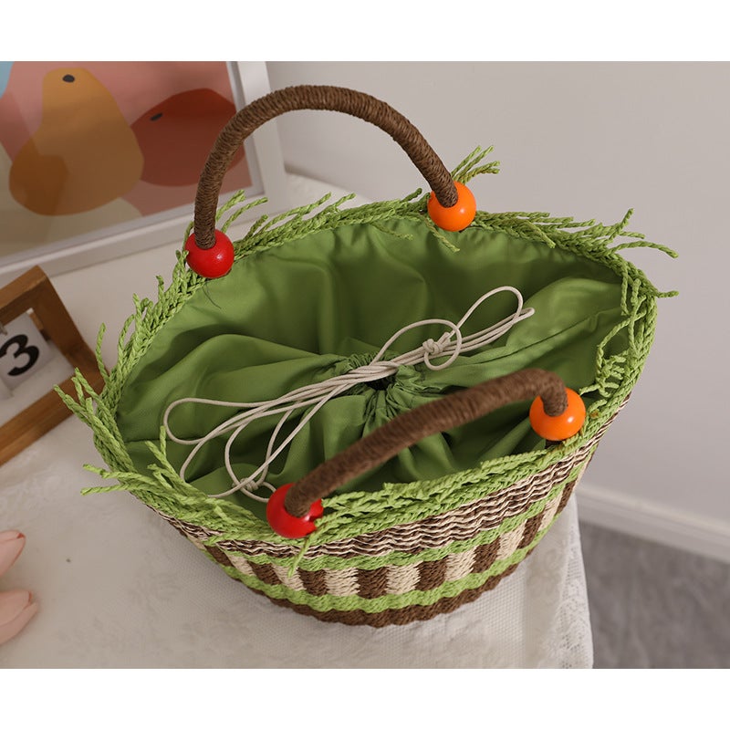 Cute Colorful Wooden Beads Handheld Straw Woven Bag New Twill Loaded Straw Bag Woven Bag Hand Carrying Vegetable Basket Bag Women'S Bag - Image 4