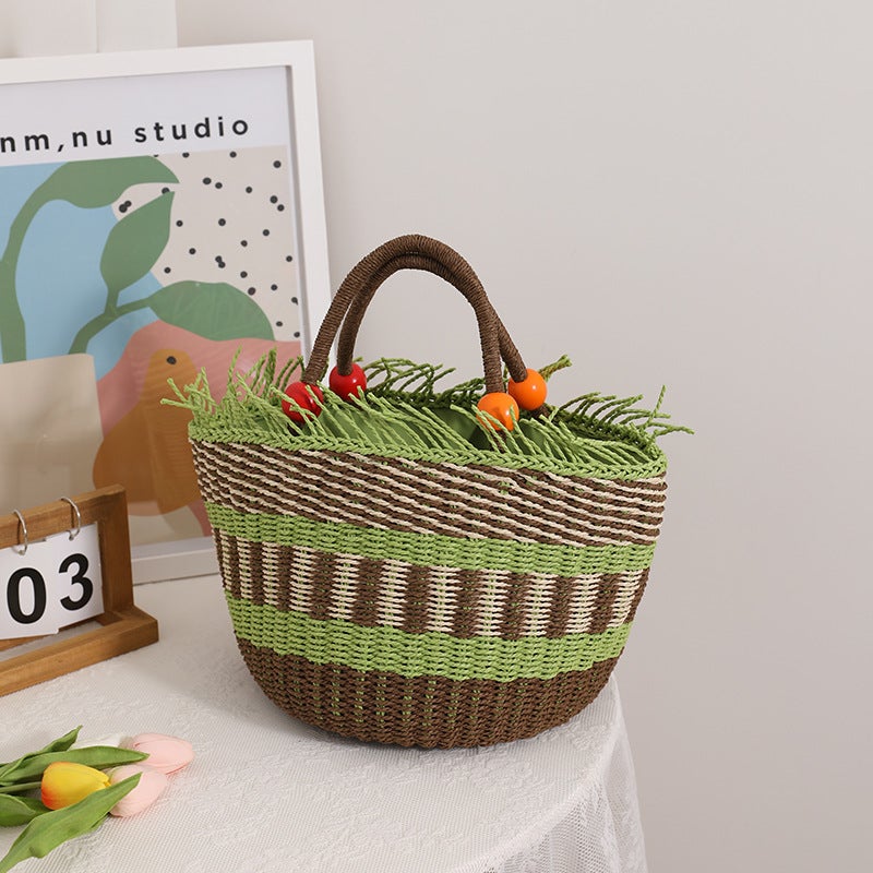 Cute Colorful Wooden Beads Handheld Straw Woven Bag New Twill Loaded Straw Bag Woven Bag Hand Carrying Vegetable Basket Bag Women'S Bag - Image 1