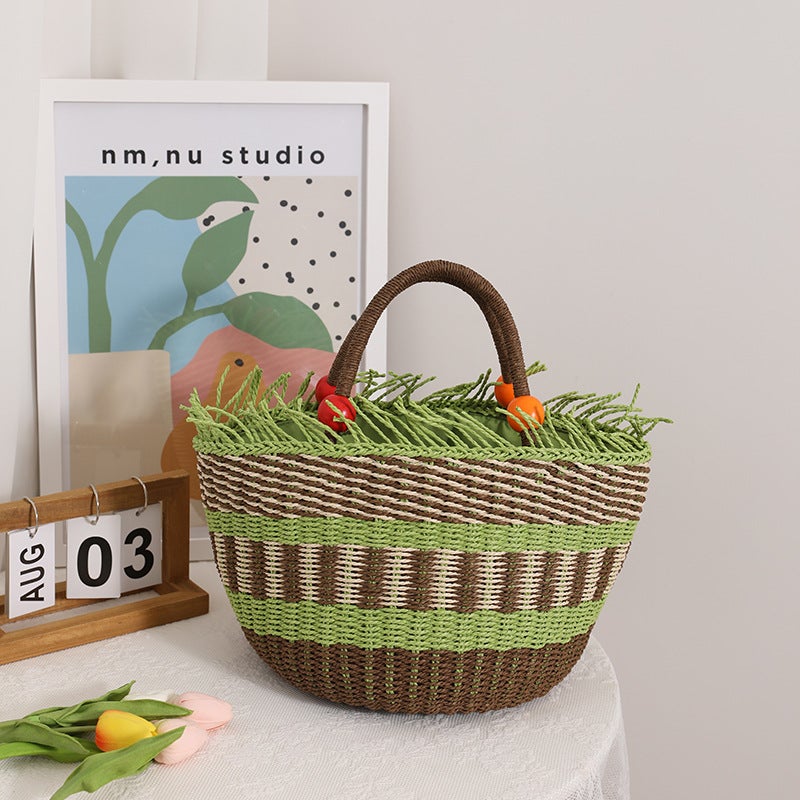 Cute Colorful Wooden Beads Handheld Straw Woven Bag New Twill Loaded Straw Bag Woven Bag Hand Carrying Vegetable Basket Bag Women'S Bag - Image 2