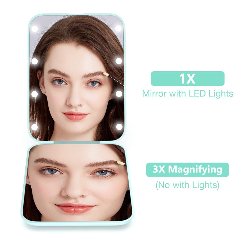 Wobsion Small Mirror With Lights Led Compact Makeup Mirror 1X/3X Mini Travel Mirror With Magnification Portable Hand Held Mirror For Purse Pocket Gifts For Girls Cyan - Image 2