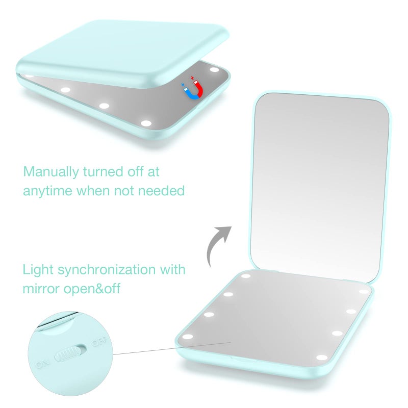 Wobsion Small Mirror With Lights Led Compact Makeup Mirror 1X/3X Mini Travel Mirror With Magnification Portable Hand Held Mirror For Purse Pocket Gifts For Girls Cyan - Image 4