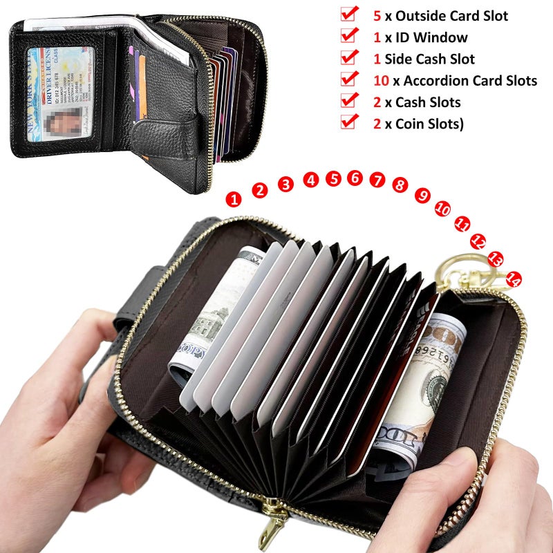 Beurlike محفظة بطاقات الائتمان RFID للنساء من بيورلايك - حالة تنظيم جلدية صغيرة للسيدات (ترقية A (10 أكورديون/حلقة مفاتيح) - سوداء - Image 4