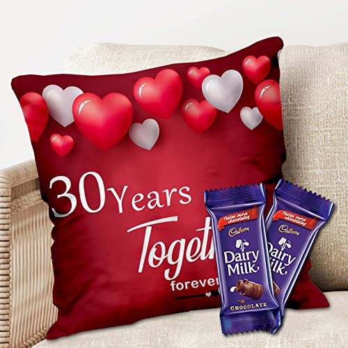 Midiron Chocolate Gift30 Year Together Forever Printed Cushion with Dairy Milk Chocolate Gift for Wife Husband Chocolate with Pillow Anniversary Chocolate Gift