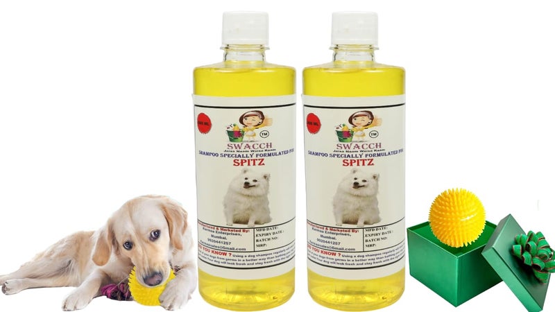 swacch Shampoo | Puppy Safe Shampoo | PH Balanced | Ditch to Itch for Spitz Dog Shampoo 500ml Pack of 2 (Lemon) + Spike Ball Chew Toy Combo Pack - Image 1