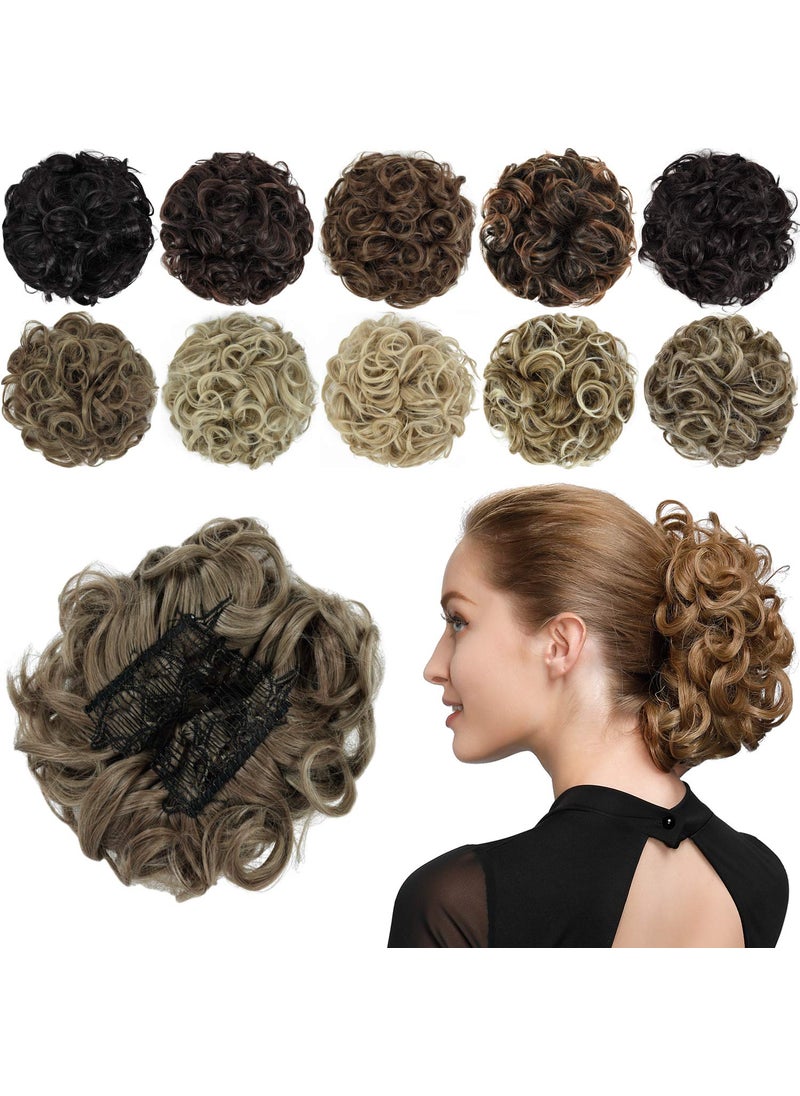 Rose bud Rose bud Chignon Hairpiece Curly Bun Extensions Scrunchie Updo Synthetic Combs in Messy Bun Hair Piece for Women Light Brown & Ash Blonde Mixed 