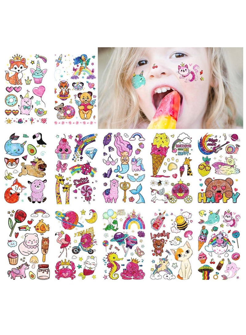 قوس قزح أورينبو وشم حيوانات لامع مؤقت للأطفال البنات والأولاد، لوازم حفلات أعياد الميلاد، 12 ورقة، ملصقات جسم مقاومة للماء على شكل حيوانات/فراشات، حورية البحر، أميرة، تصاميم حلوى - Image 1