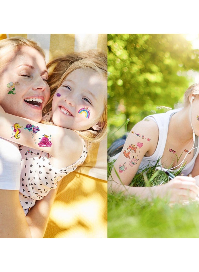 قوس قزح أورينبو وشم حيوانات لامع مؤقت للأطفال البنات والأولاد، لوازم حفلات أعياد الميلاد، 12 ورقة، ملصقات جسم مقاومة للماء على شكل حيوانات/فراشات، حورية البحر، أميرة، تصاميم حلوى - Image 3