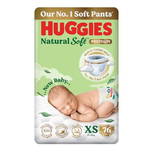 Huggies Natural Soft Premium Baby Diaper Pants, Our No.1 Soft Pants, New Born/Extra Small (XS) Size (0-5 Kgs), Pack of 76 | Cloud Softness All over with India's 1st Cloud Touch BeltTM - Image 1