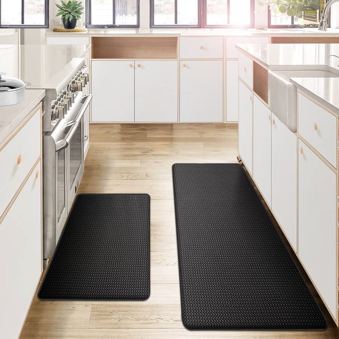 KITCHEN MATS AND RUGS SET OF 2 CUSHIONED ANTIFATIGUE KITCHEN RUG FOR FLOOR WASHABLE 17X29 17X59 BLACK