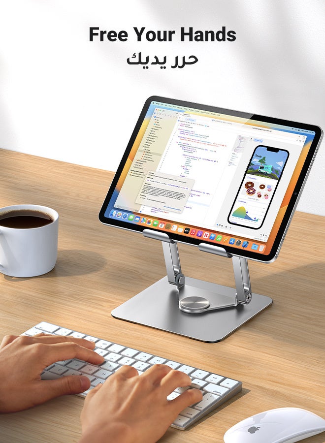 يو جرين حامل تابلت، حامل آيباد مع دوران 360 درجة وتصميم قضيب مزدوج لتعزيز الثبات، حامل معدني قابل للطي والحمل للمكتب، حامل طاولة Kindle/PS/Switch آيفون، جميع الأجهزة مقاس 4-13 بوصة - Image 4