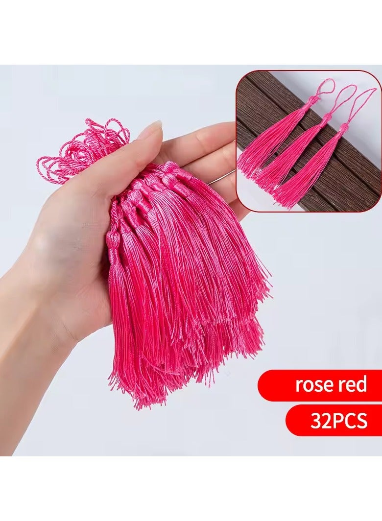 Abrar Colorful Silk Tassels with Hanging Rope Rose Red for Home Decor, Curtains, Jewelry, Weddings, and Keychains 32 Pieces