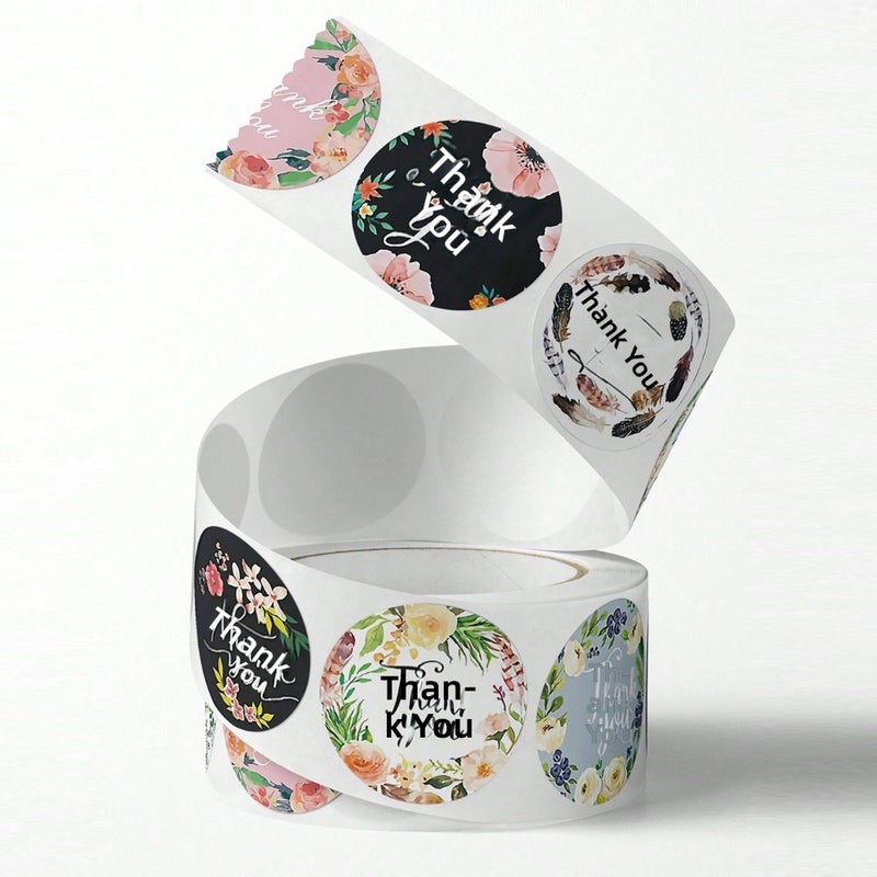 500 stickers/roll Thank you roll round sticker fresh flower roll decoration sealing sticker thank you  label - Image 2