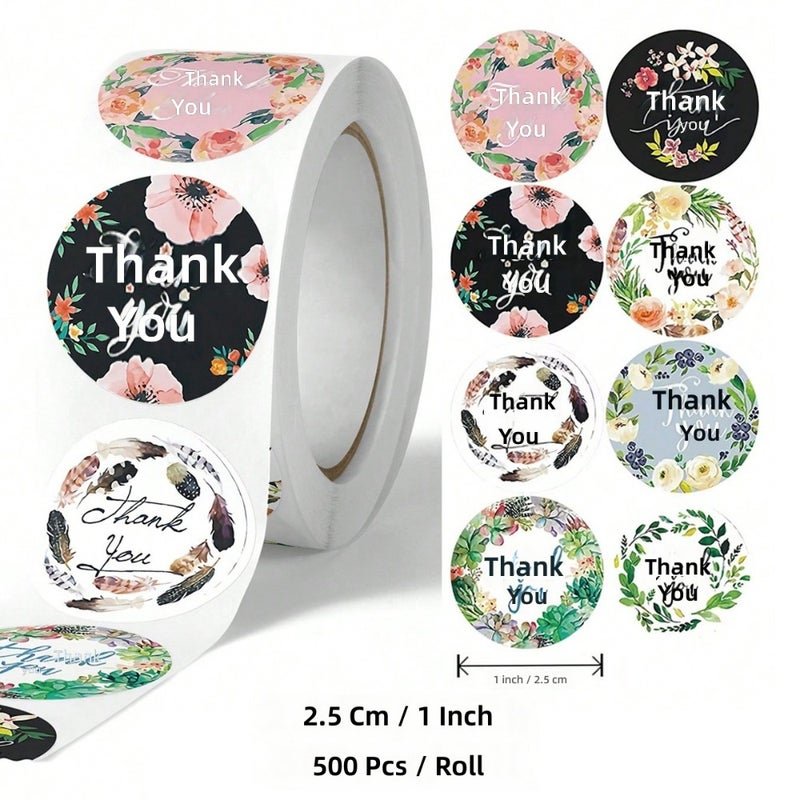 500 stickers/roll Thank you roll round sticker fresh flower roll decoration sealing sticker thank you  label - Image 1