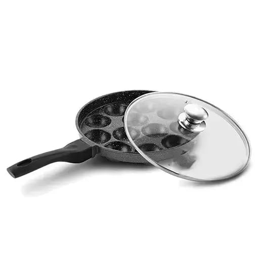 Medigo Non Stick 12 Cavities Appam Pan Paniyarakkal Maker with Glass Lid Aluminium Silver Diameter 21cm - Image 1