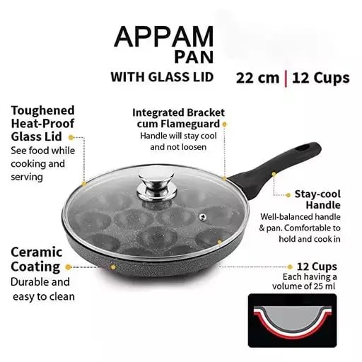 Medigo Non Stick 12 Cavities Appam Pan Paniyarakkal Maker with Glass Lid Aluminium Silver Diameter 21cm - Image 3