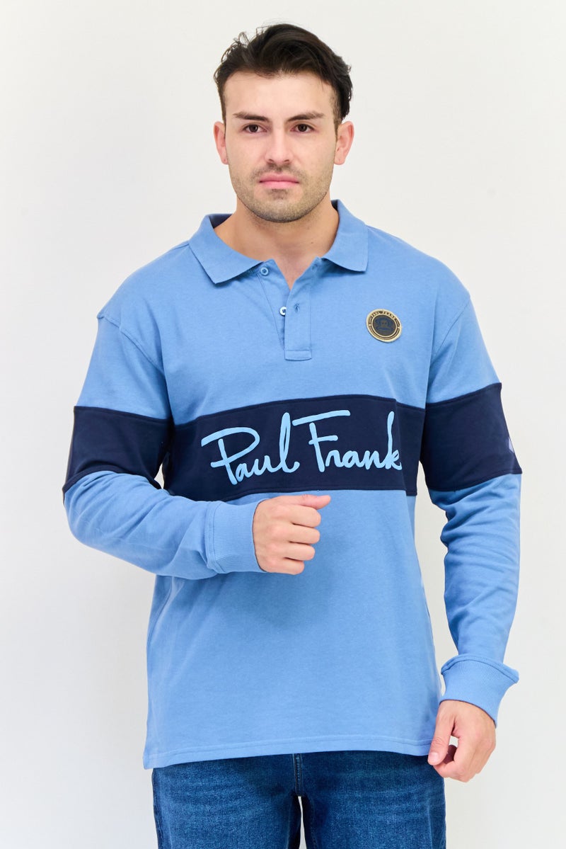 Paul Frank قميص بولو بأكمام طويلة للرجال بتصميم عادي مع شعار العلامة التجارية، أزرق - Image 1