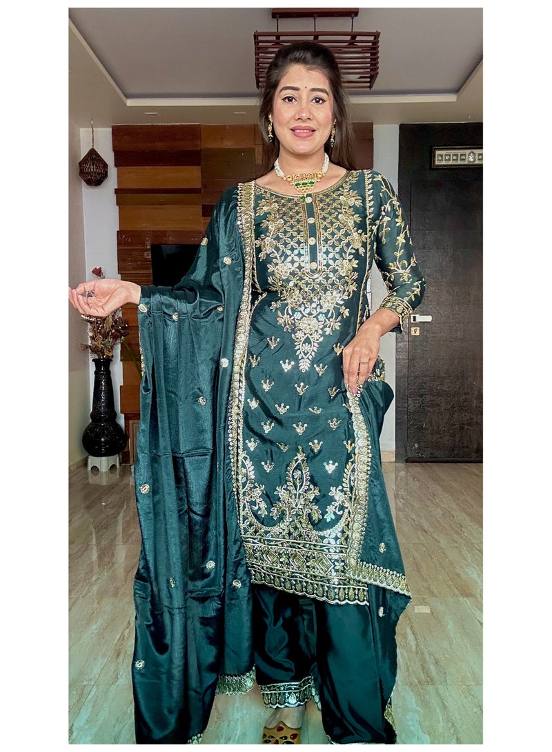 Fully stitched ready to wear Green Silk with Heavy embroidery Dress - Image 1