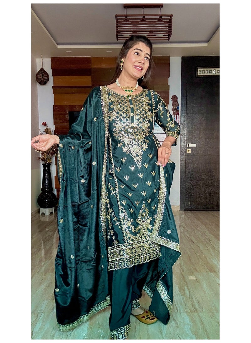 Fully stitched ready to wear Green Silk with Heavy embroidery Dress - Image 2