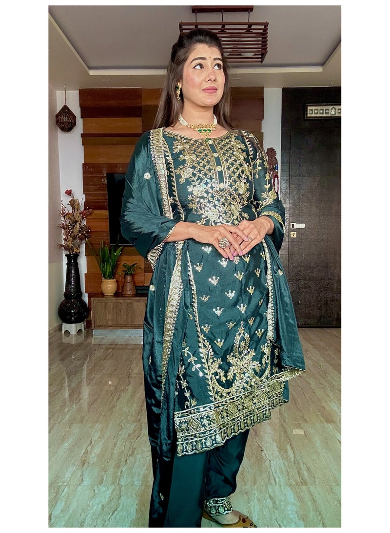 Fully stitched ready to wear Green Silk with Heavy embroidery Dress - Image 3