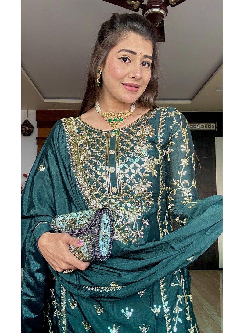 Fully stitched ready to wear Green Silk with Heavy embroidery Dress - Image 4