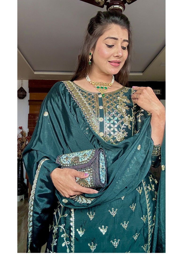 Fully stitched ready to wear Green Silk with Heavy embroidery Dress - Image 5