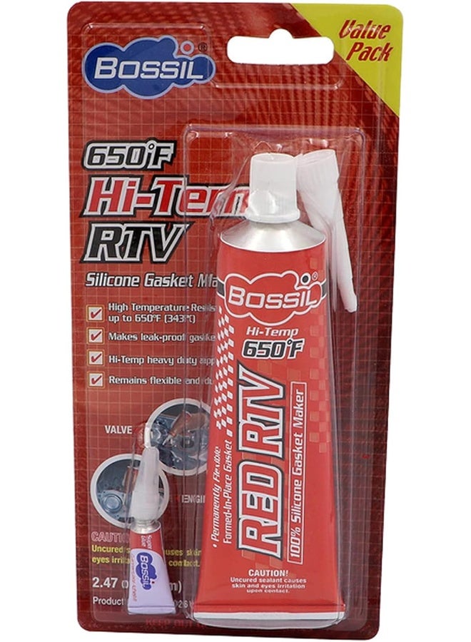 Bossil Hi-Temp 100% Silicone Gasket Maker 650F Red Rtv Heavy Duty Permanently Flexible - Image 1