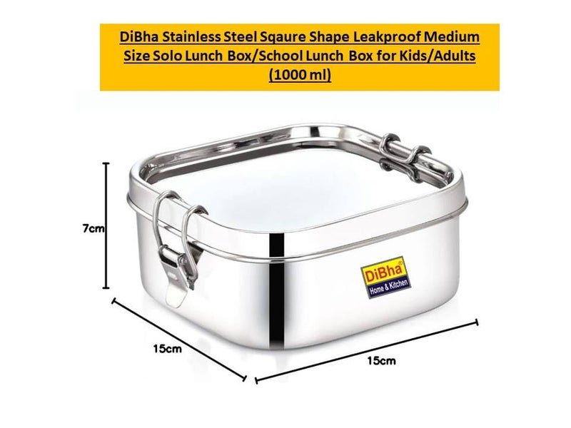 DiBha Stainless Steel Sqaure Shape Airtight, Leakproof Medium Size Solo Lunch Box/School Lunch Box for Kids/Adults, Color-Silver (Capacity-1000 ml) - Image 2