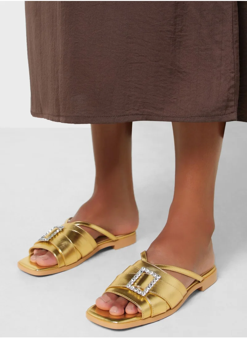 Khizana Encrusted Buckle Double Strap Flat Sandal