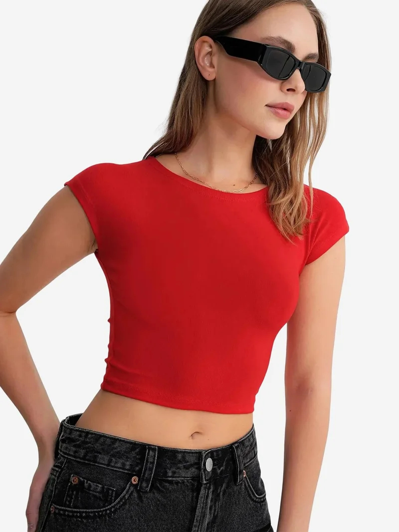 MixRay Red MIXRAY Slim Fit Crop T-Shirt for Women | Best Price UAE