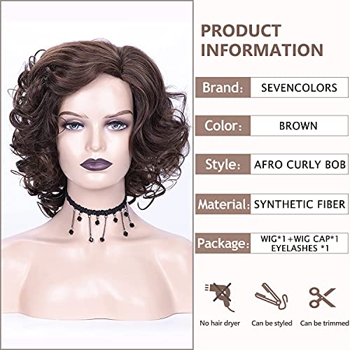 SEVENCOLORS Short Brown Curly Wigs for Black Women Synthetic Mixed Brown Big Curly Bob Wig - Image 3