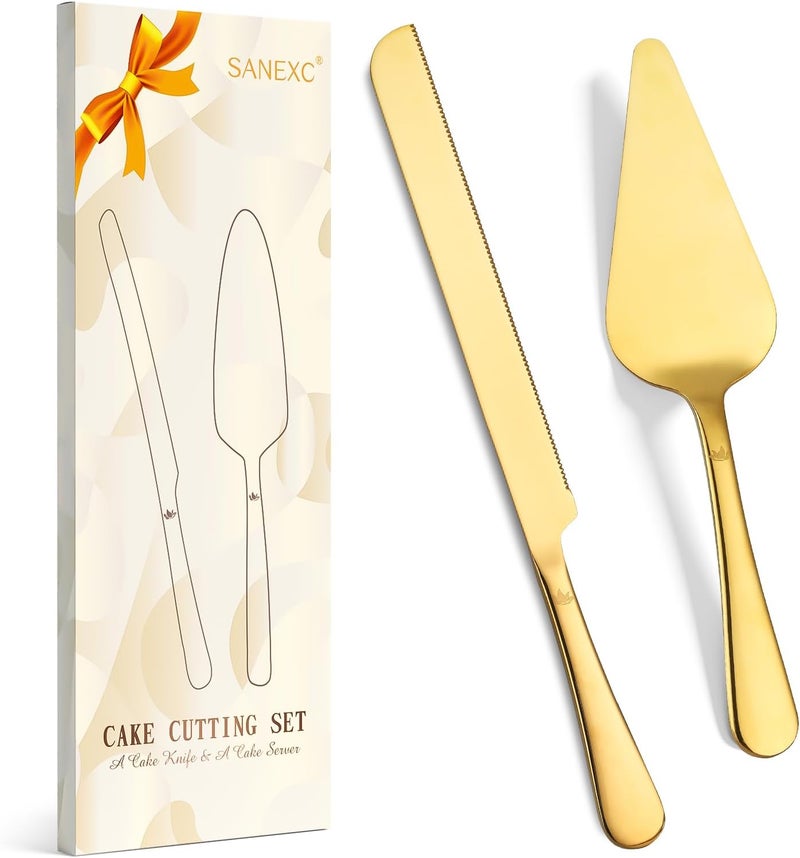 SANEXC Cake Cutting Set for Wedding - Extended Cake Knife And Server Set Thickened Stainless Steel Cake Cutter and Pie Spatula Great for Birthday Anniversary Christmas Gift Gold 2 Pcs - Image 1