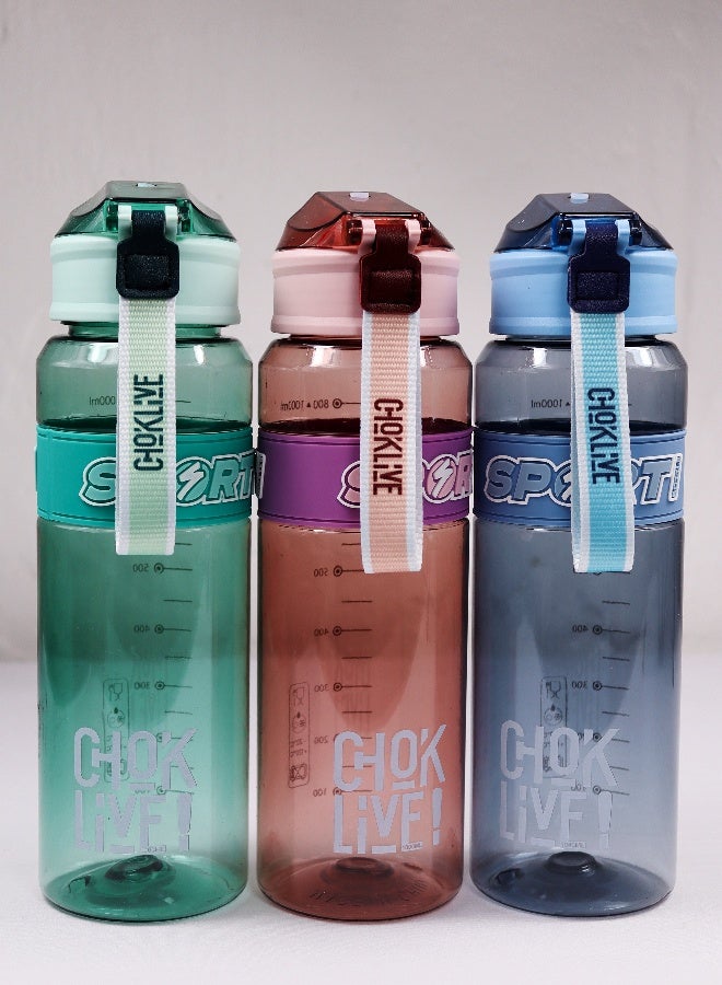 توشيونيكس زجاجة مياه سبورتي تشوك إم جي التحفيزية سعة 1000 مل، مصنوعة من البلاستيك الخالي من مادة BPA، مع مؤشر للوقت وحزام حمل، وغطاء قلاب مانع للتسرب، وزجاجة غير سامة قابلة لإعادة الاستخدام للترطيب اليومي، مثالية للمدرسة والمكتب وصالة الألعاب الرياضية والسفر والاستخدام في الهواء الطلق - Image 4