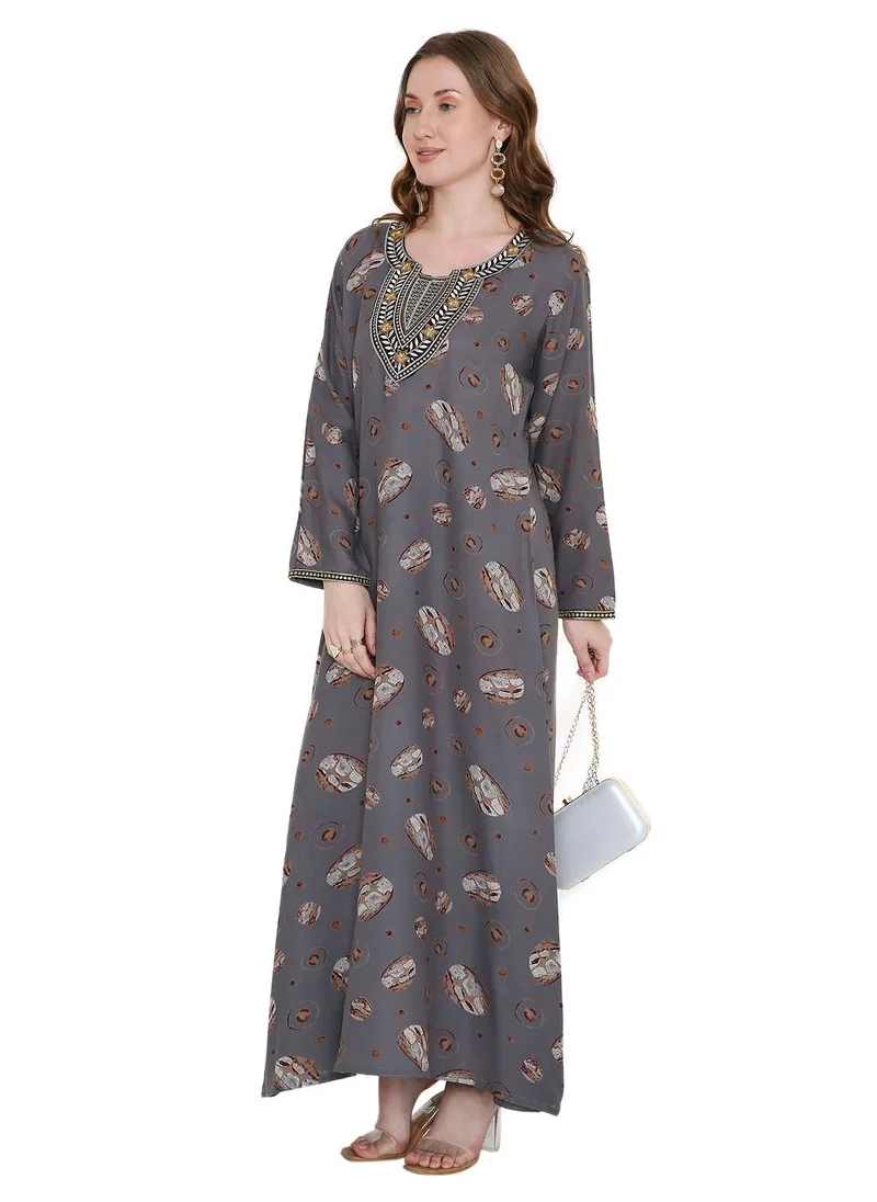 هانا آند سارا FLORAL PRINTED WITH THREAD EMBROIDERY ON THE NECK ARABIC KAFTAN JALABIYA DRESS