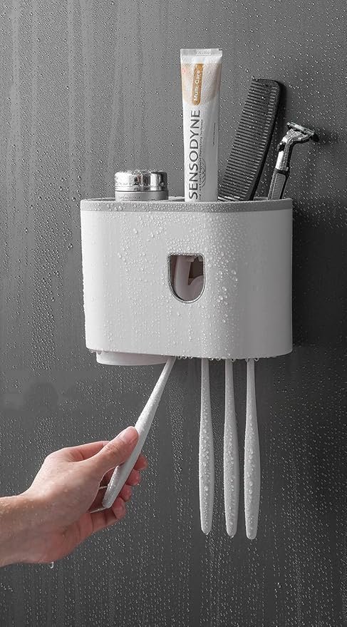 CLOUDTAB Wall Mounted Toothbrush Holder Stand with Toothpaste Dispenser for Keeping Toothpaste, Cream, Lotion, Shampoo with 4 Toothbrush Holder Hook [ White ] (1 Cup) - Image 5