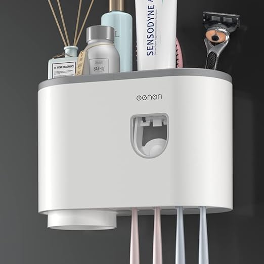 CLOUDTAB Wall Mounted Toothbrush Holder Stand with Toothpaste Dispenser for Keeping Toothpaste, Cream, Lotion, Shampoo with 4 Toothbrush Holder Hook [ White ] (1 Cup) - Image 1