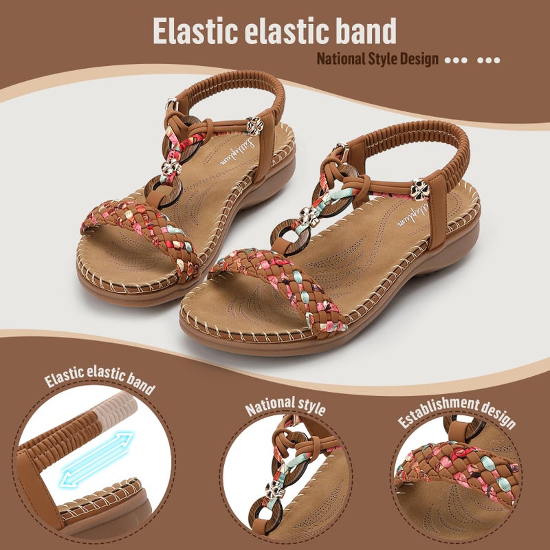 Littleplum Women Sandals Arch Support Handmade Bohemian Braided Flat Sandals Comfort Walking Beach Ankle Elastic Summer Shoes Multi Brown Size 8.5 - Image 4