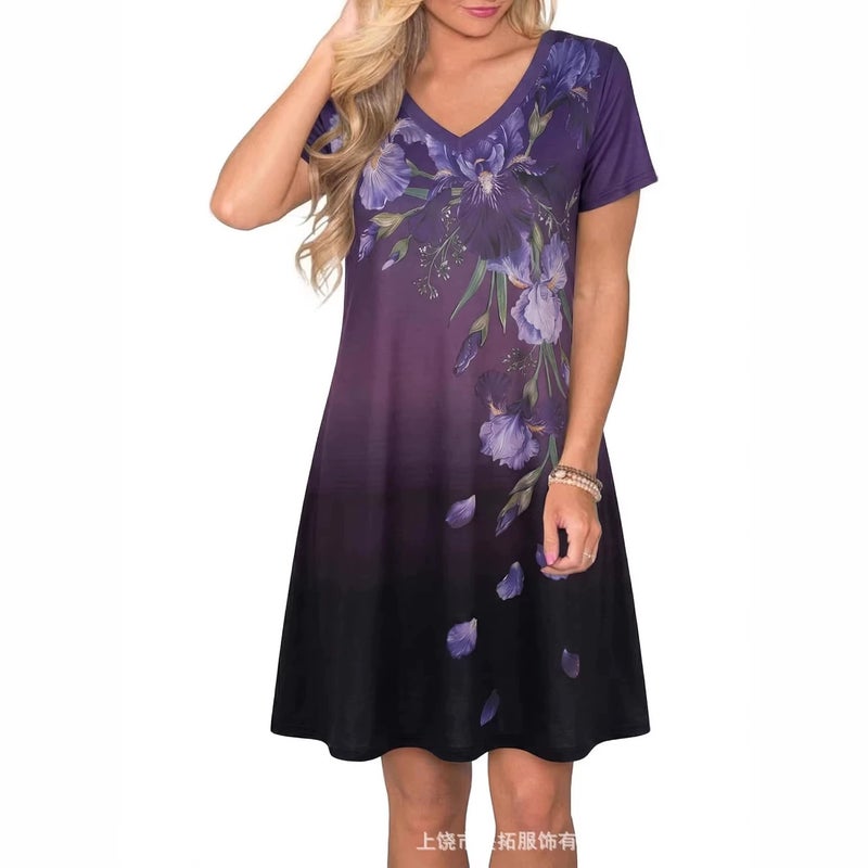 Women's Casual Printed Short Sleeve V-Neck Dress - Image 4