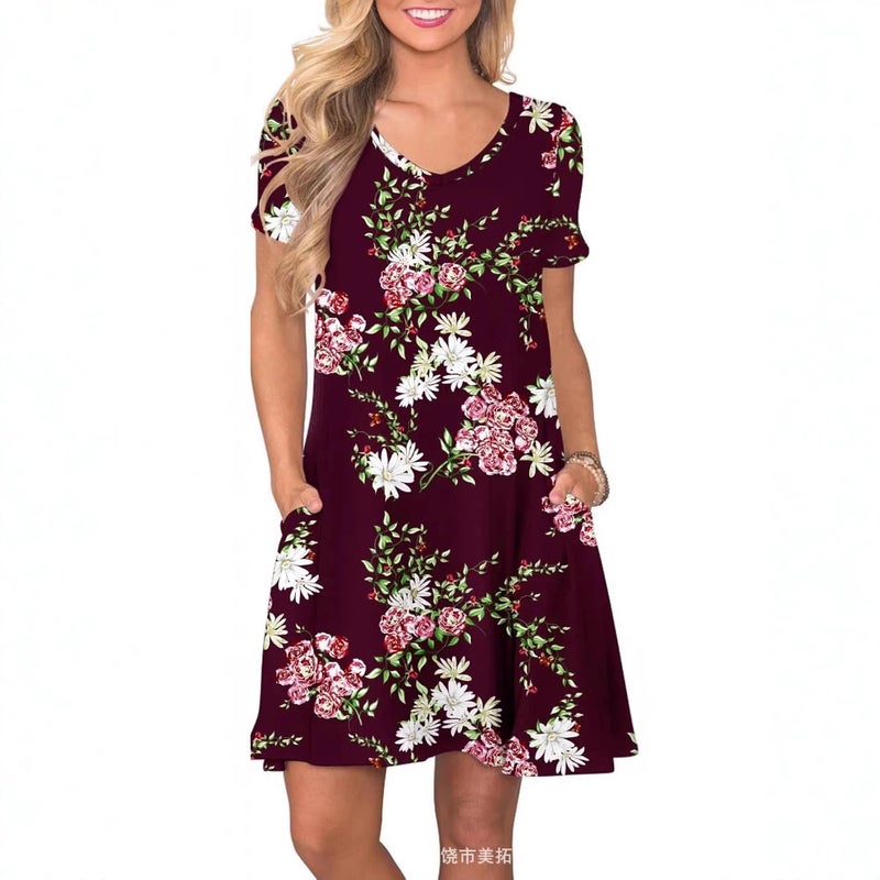 Women's Casual Printed Short Sleeve V-Neck Dress - Image 3